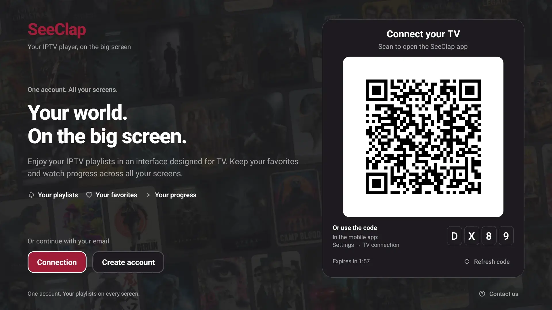 SeeClap-Anmeldebildschirm auf Android TV mit QR-Code und einzugebendem Code